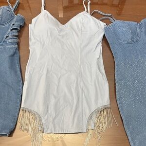 Haute Monde baby blue denim dress with sparkly Fringe Detail